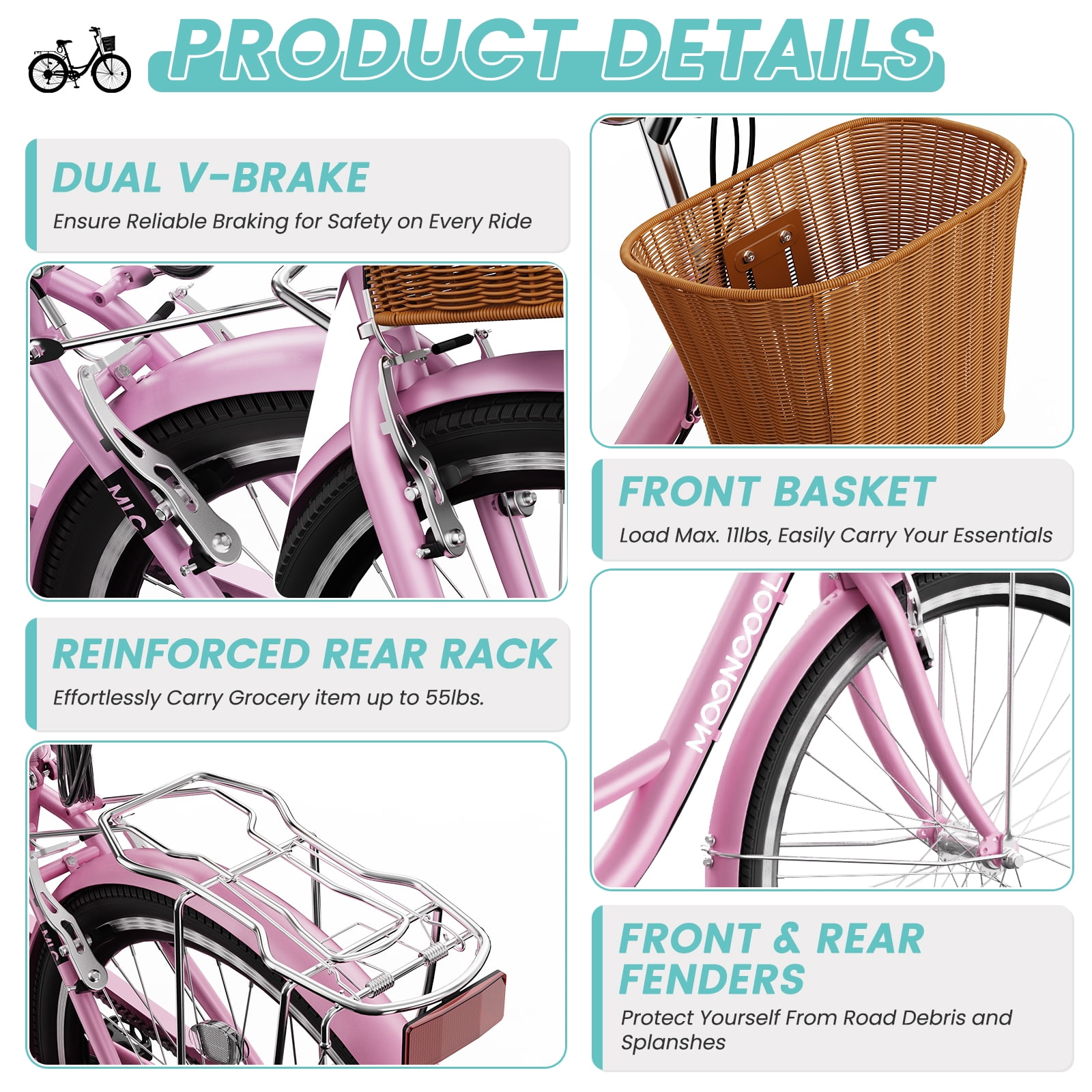MOONCOOL 24/26 Inch Cruiser Bike for Women, 7 Speed Step-Through Bicycle with Basket, Rear Rack & Lock, Retro City Bike for Adults