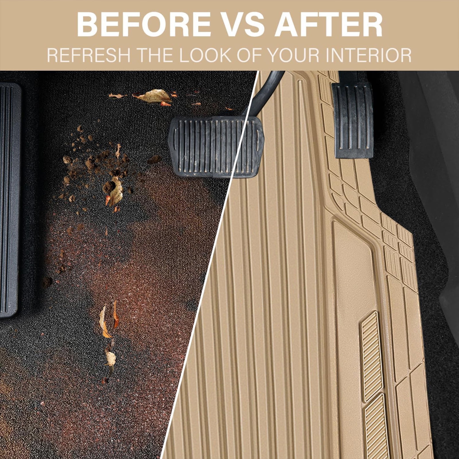CAR GRAND Heavy Duty Rubber Car Floor Mats, Deep Dish Car Mats All Weather, Universal Trim-to Fit Automotive Floor Mats for Car SUV Truck Van, Durable Car Floor Liners waterproof anti-slip All Beige
