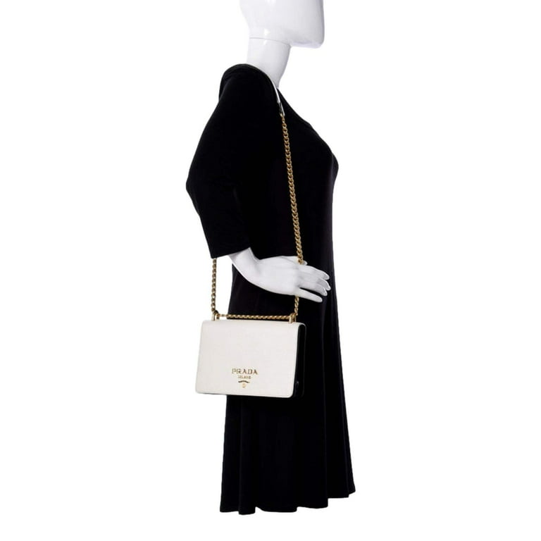 Prada Bianco White Black Saffiano Leather Chain Crossbody