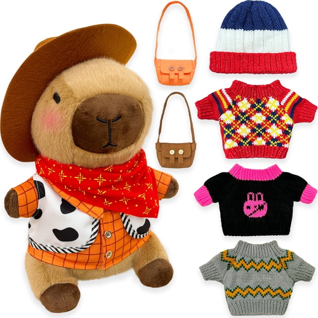 Capybara Peluche con Ropa y Accesorios – 25cm Capibaras de Peluche para Vestir, Juguete de Felpa Kapibara