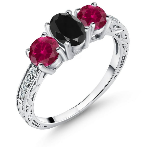 Gem Stone King 2.39 Ct Oval Black Sapphire Red Created Ruby 925 Sterling Silver Ring (Size 8)