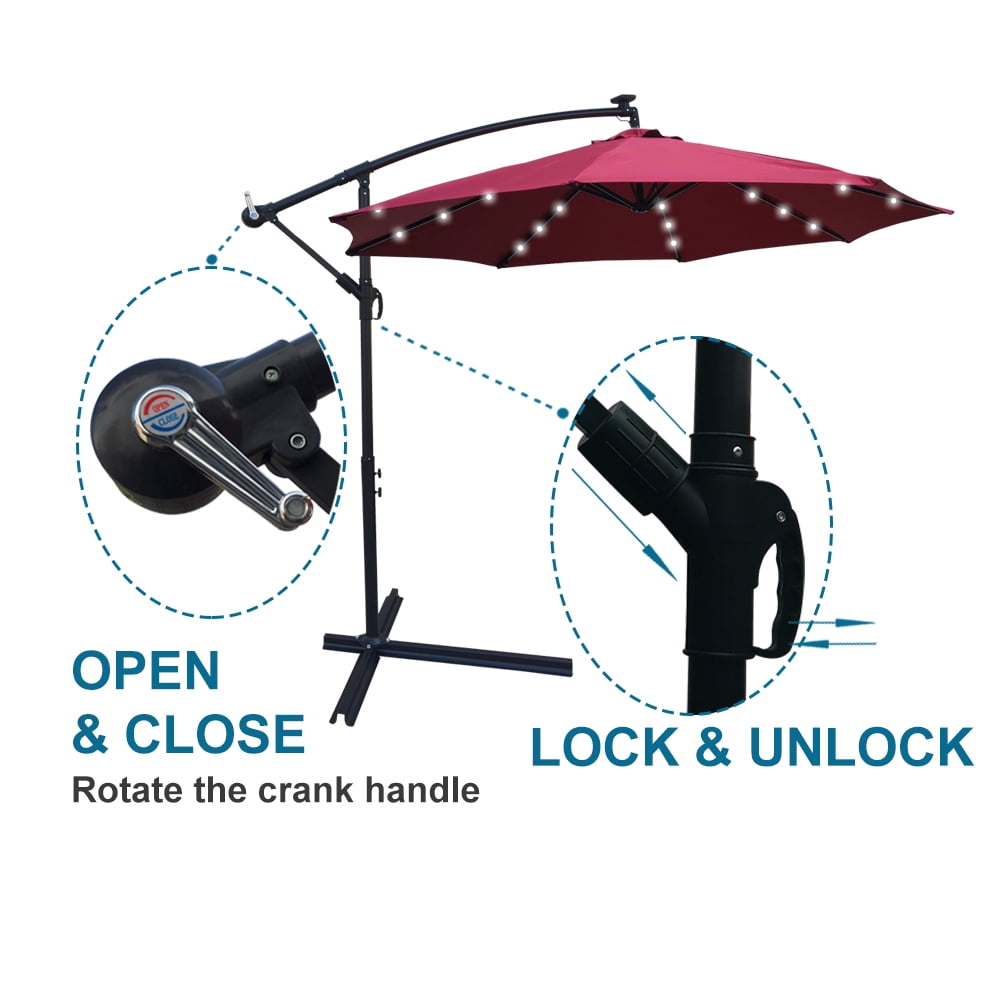 Aukfa 10ft Patio Solar LED Lighted Outdoor Umbrellas with Cross Base for Market Beach Pool - Wine