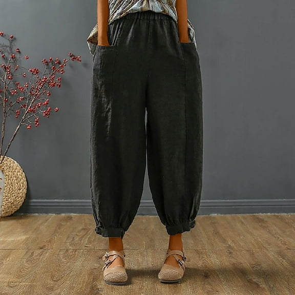 Sakmal Pleated Womens Pants Taper Harem High Waisted Cotton Linen Black Solid Pants with Pockets