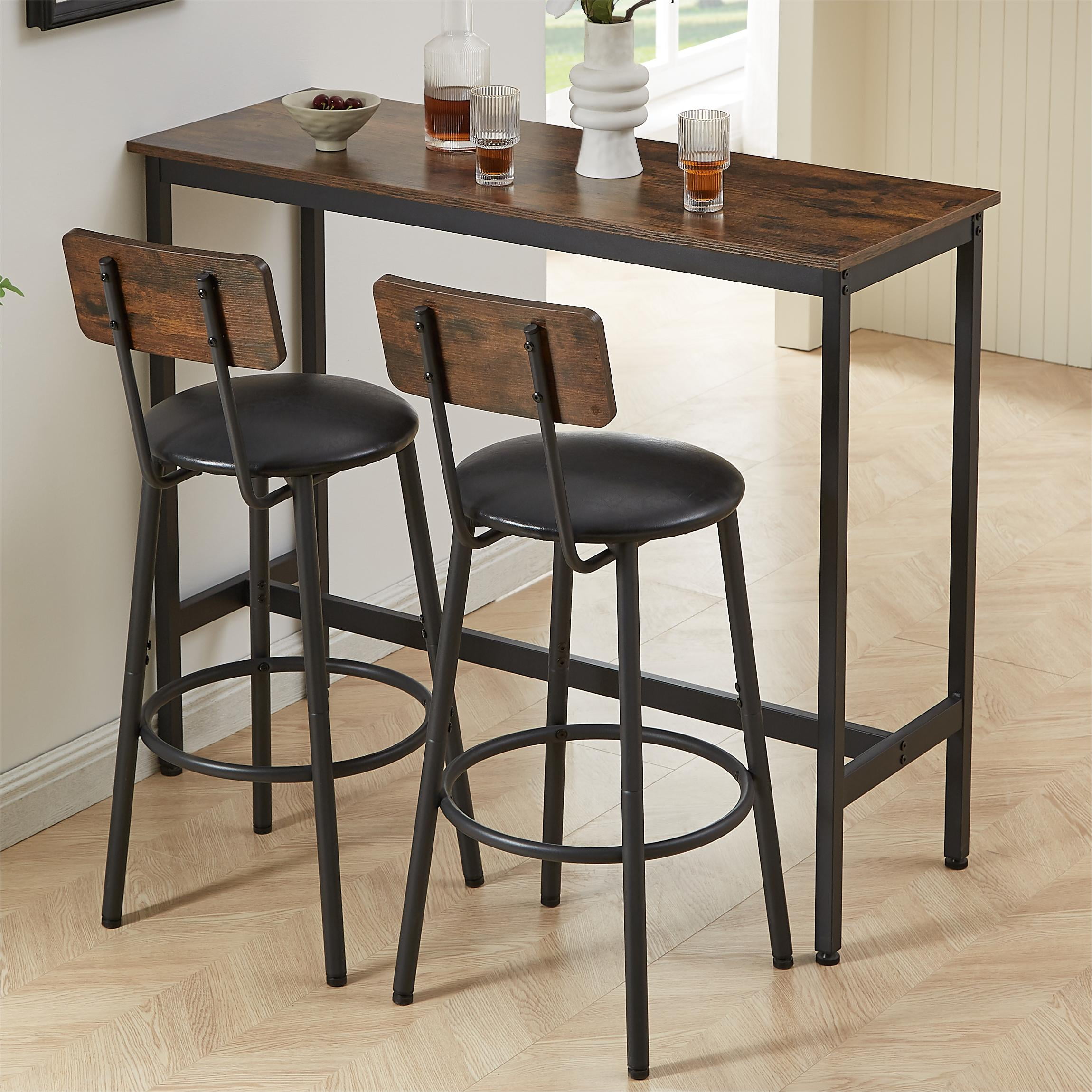 3 Pcs Bar Dining Table Set, Minimalist Style Bar Table With 2 Bar Stools PU Soft seat with Backrest Footrest for Dining Room, Kitchen, Rustic Brown,43.31"L x 15.75"W x 35.43"H