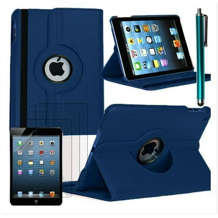 Ipad 2 Cover With Stylus 360 Degree Rotation PU Leather Smart Cover Protective Case Cover for iPad Mini 1 2 3 with Elastic Safety Strap + Stylus + Screen Film (Blue) ()