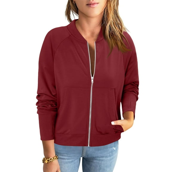 Womens Full Zip Up Jacket Hoodless Sport Coat with Pockets Long Sleeve Spring Fall Casual Sweatshirt Outerwear (XL, Red)
