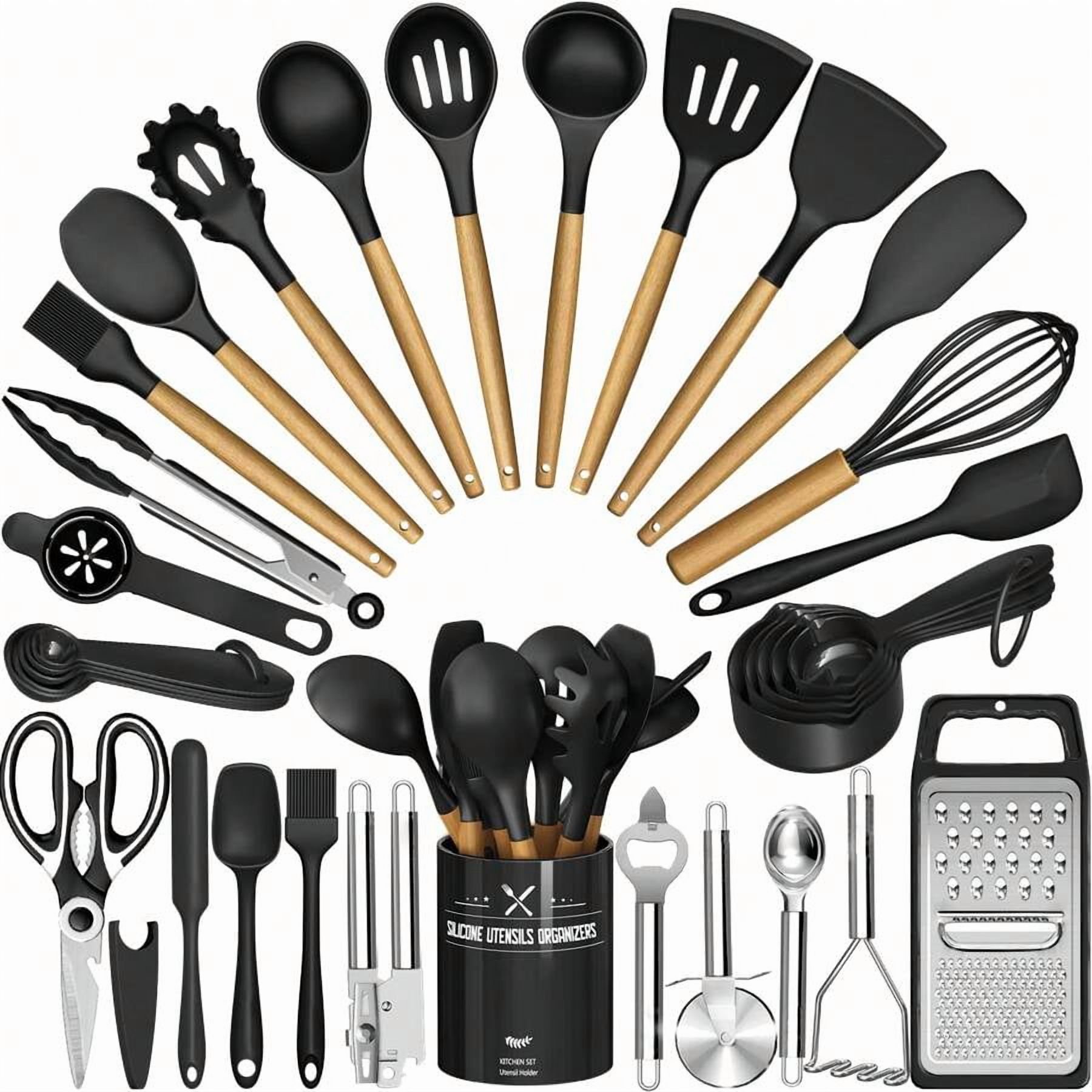 34-Piece Kitchen Utensil Set with Wooden Handles Silicone Cooking Utensils with Holder Heat Resistant Spatula Set for Nonstick Cookware Kitchen Tools & Gadgets for Home Cooking