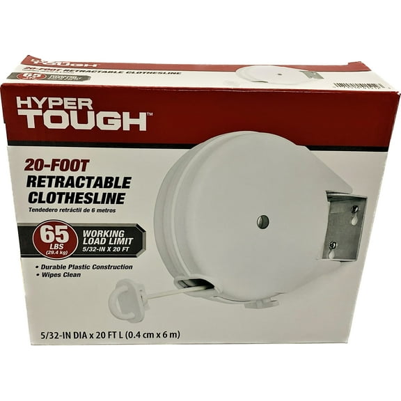 Hyper Tough RC20-HT Retractable Clothesline, 20 Ft, White, Indoor/Outdoor Mountable Drying Line