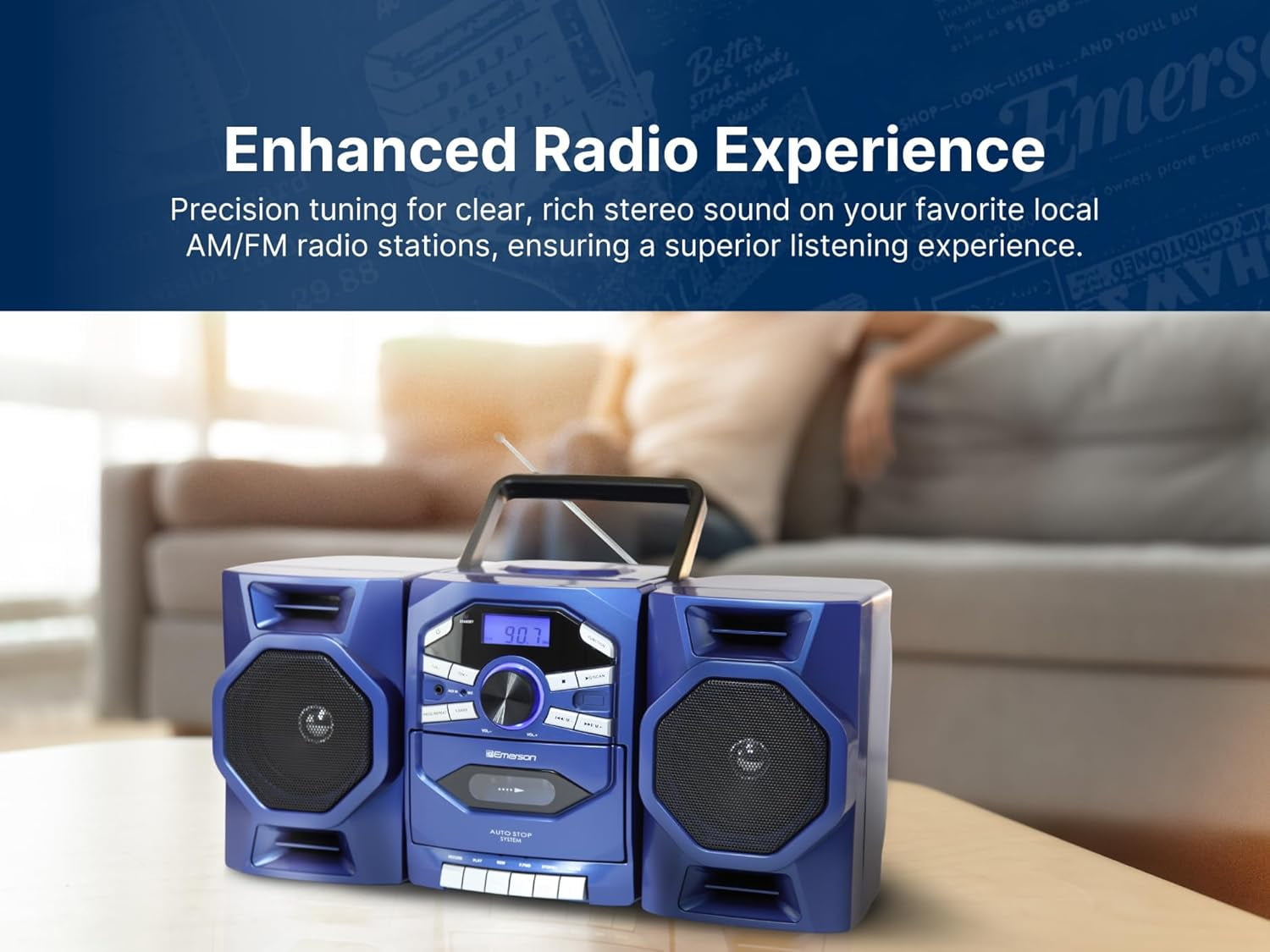 Emerson Boombox with CD & Cassette Player | Digital AM FM Portable Radio MP3, AUX, Mic Input | Portable Stereo System For Home, Indoor, Outdoor | Loud Big Speakers
