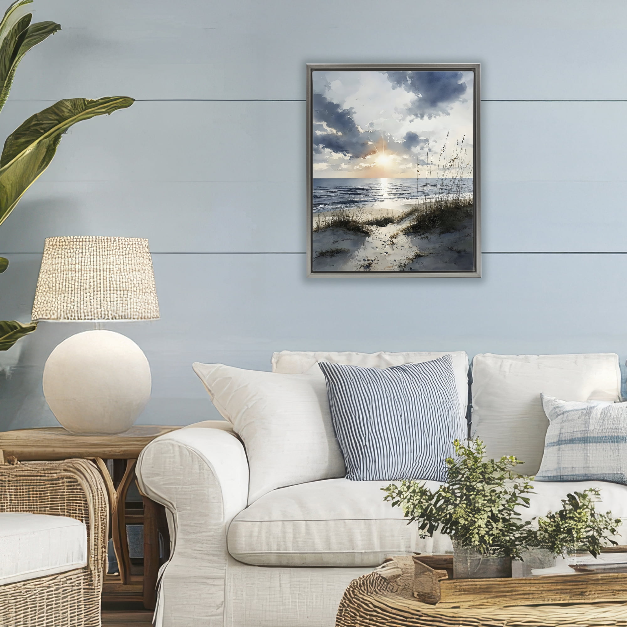 Stupell Industries Ocean Sunrise over Sandy Dunes Gray Framed Floater Canvas Wall Art, design by Franklyn Gregory