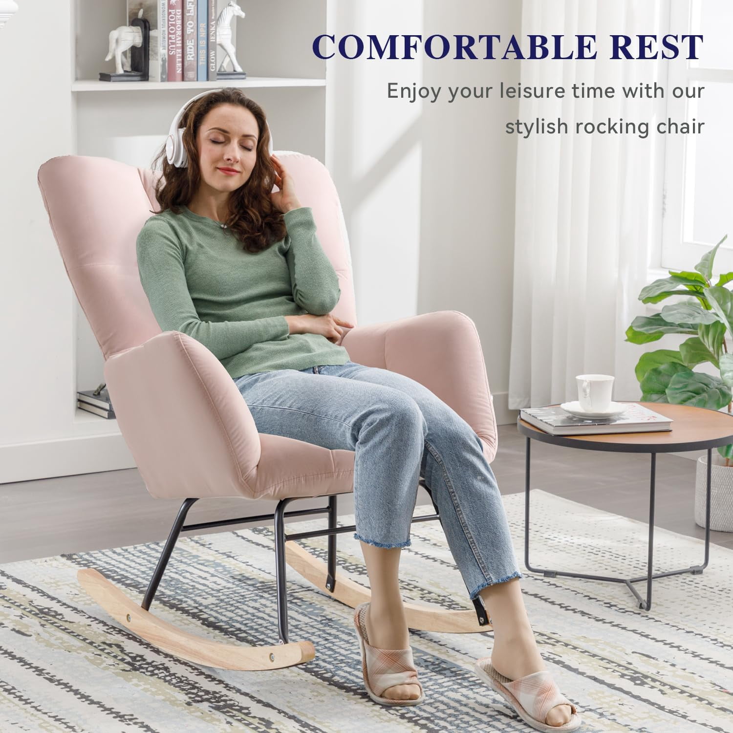Rocking Chair Nursery Teddy Upholstered Glider Rocker High Backrest Nursery Rocker Comfortable Stylish Accent Armchair for Living Rooms Bedrooms Offices