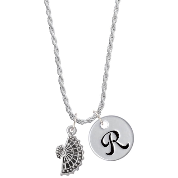 Delight Jewelry Silvertone Fan with AB Crystal Silvertone Script Initial Disc - R - Charm Necklace, 20"+3"