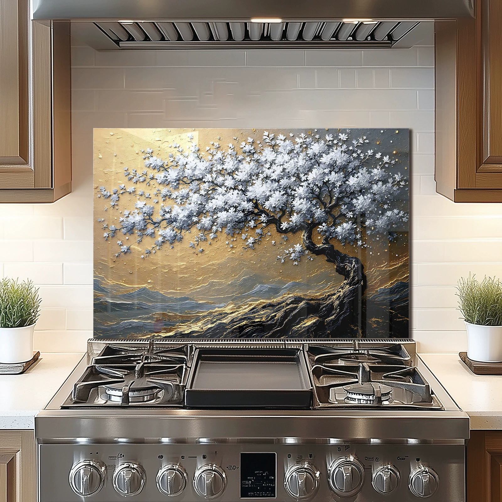 Bread Oven Flower Tempered Glass Backsplash For Kitchen Behind Stove,Stove Back Top Cover,Easy to Clean Glass Splashback, Sink Cover Splash Guard,Home Kitchen Wall Decor