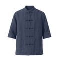thumbnail image 6 of Men Mandarin Collar Frog Button Linen Button Up Shirt, 3/4 Sleeve Loose Casual Top with Pockets for Summer Vacation Daily Wear Navy M, 6 of 9