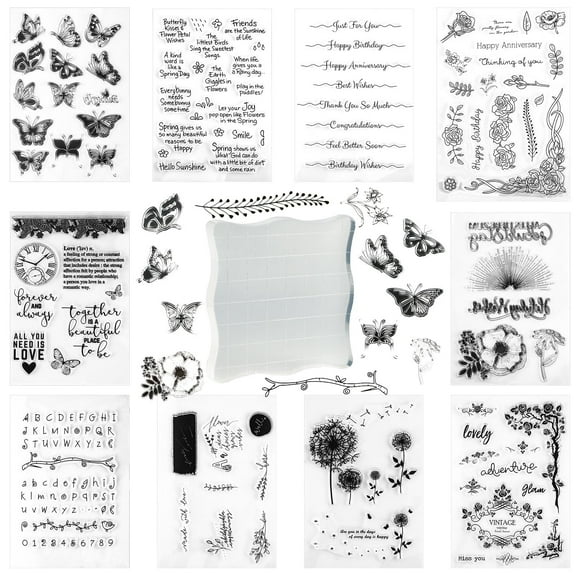 10 Sheets Silicone Stamp Set, Clear Stamp Flowers Fern Butterfly Plants Sayings, Silicone Stamp with Acrylic Block, Vintage Stamp Set for Scrapbooking Photo Album DIY Craft Journal