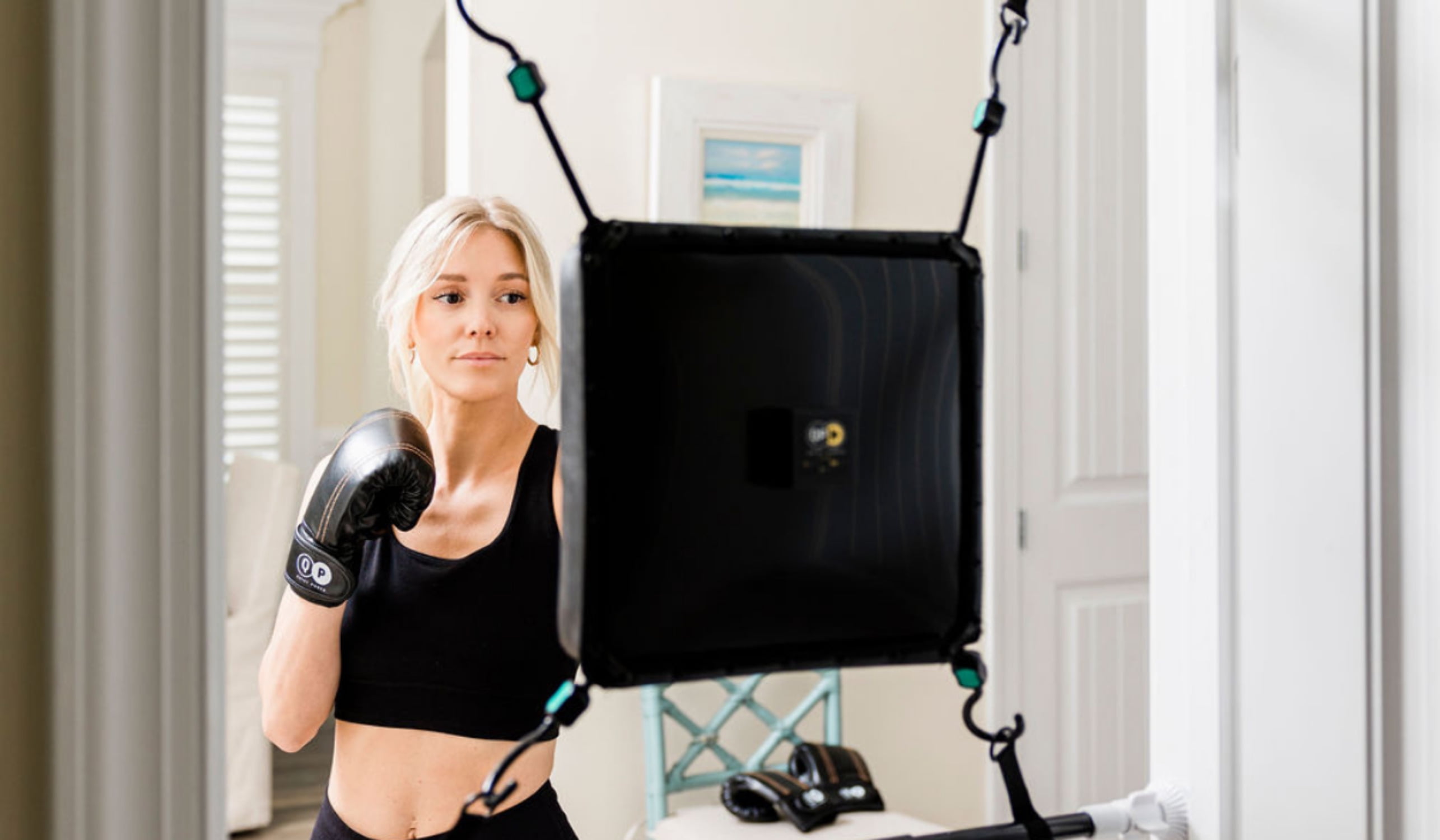 Quiet Punch Doorway Punching Bag, Phone Holder with App, 28"-36" Size, Portable Boxing, Apartment Friendly Workouts (No Punch Tracker)