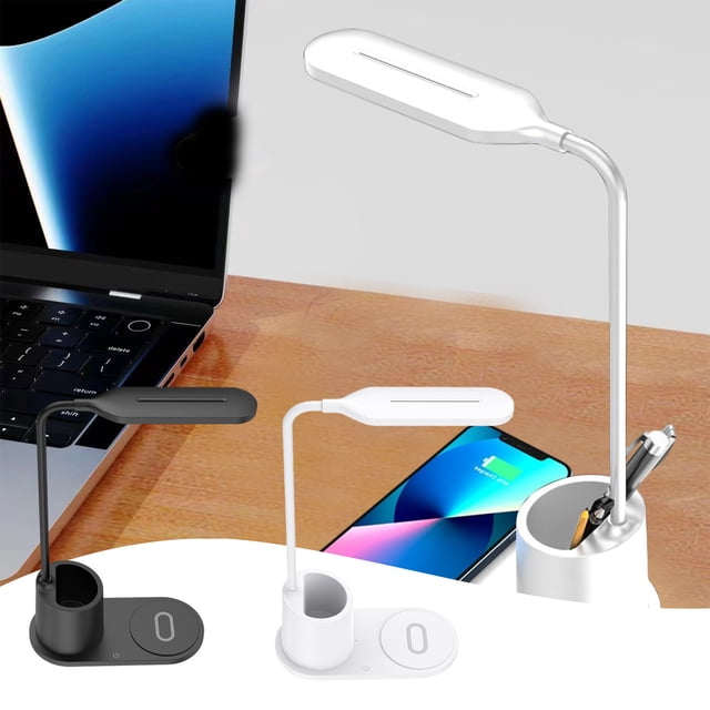 Lámpara de escritorio inteligente LED con carga inalámbrica de 15W y portabolígrafos - Lámpara de estudio con protección ocular para oficina, dormitorio, residencia - Blanco o negro