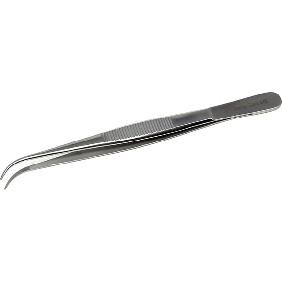 6 inch Tongs Kitchen Chef Tweezers Curved Narrow Fine Point Stainless Steel for Plating Food Cooking Multi Function Use with Precision Serrated Tips