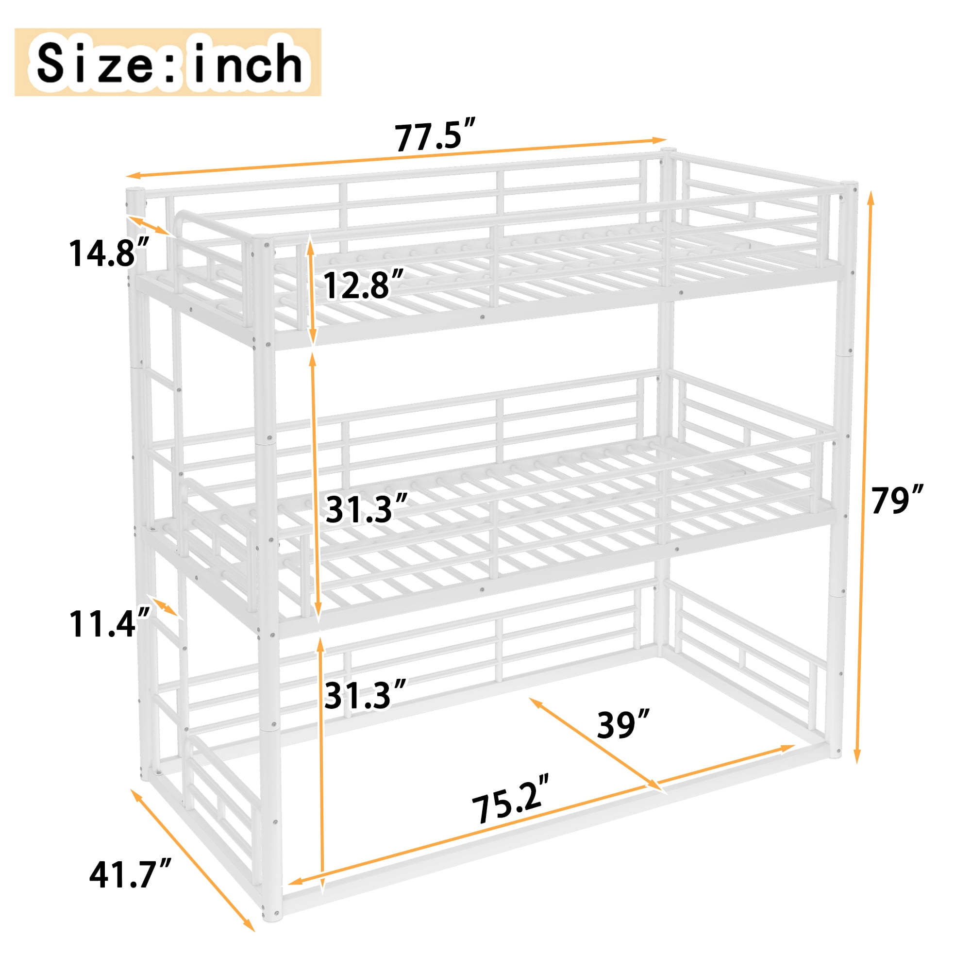 Leumius Twin over Twin over Twin Bunk Bed,Metal Triple Bunk Bed for 3 Kids/Teens,Heavy Duty Triple Bed with Guardrail and Ladder,Separates Into 3 Twin Beds,White