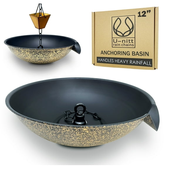 U-nitt 12" Anchoring Basin/Bowl/Dish for Gutter Rain Chain, Spill Bowl for Fountain, with Scupper, Birdbath Alternative, with Attachment Chain, Black Powder Coated with Gold, 972GD