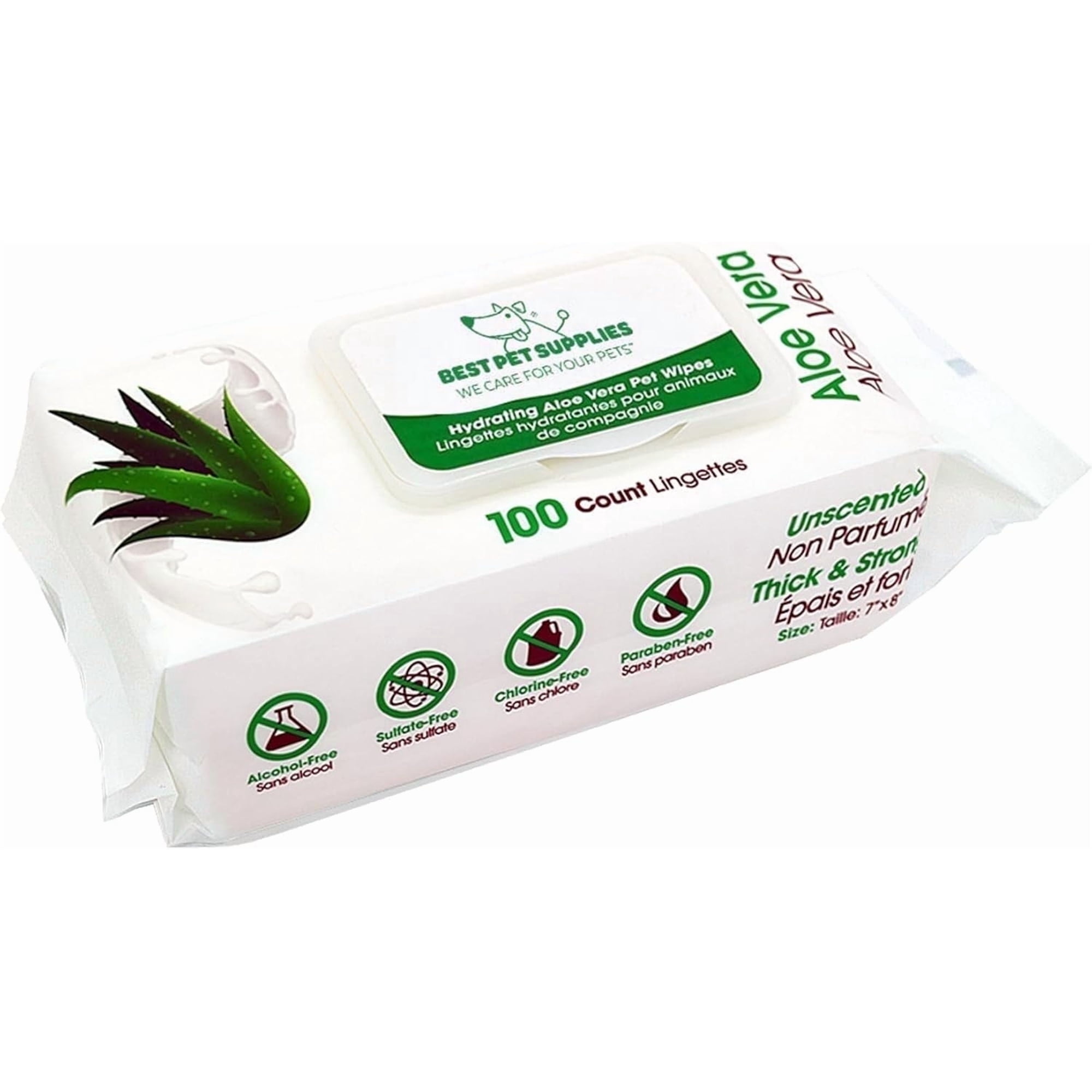 Best Pet Supplies Unscented Cat and Dog Cleaning Wipes in Resealable Pouch, Hydrating Aloe Vera, 100-Pack