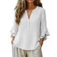 thumbnail image 4 of Hilenly Boho Tops for Women 3/4 Ruffle Sleeve Blouse V Neck Cotton Linen Shirts Tunic Shirts, 4 of 9