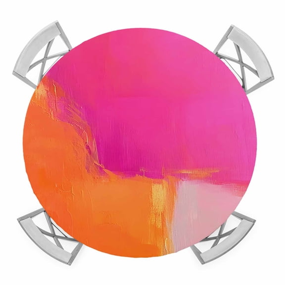 Abstract Ombre Orange Pink Elastic Fitted Round Table Cover Oil Painting Waterproof Outdoor Tablecloth for Holiday Party, Picnic, Patio & Dining Fits Tables Up to 36"-44"
