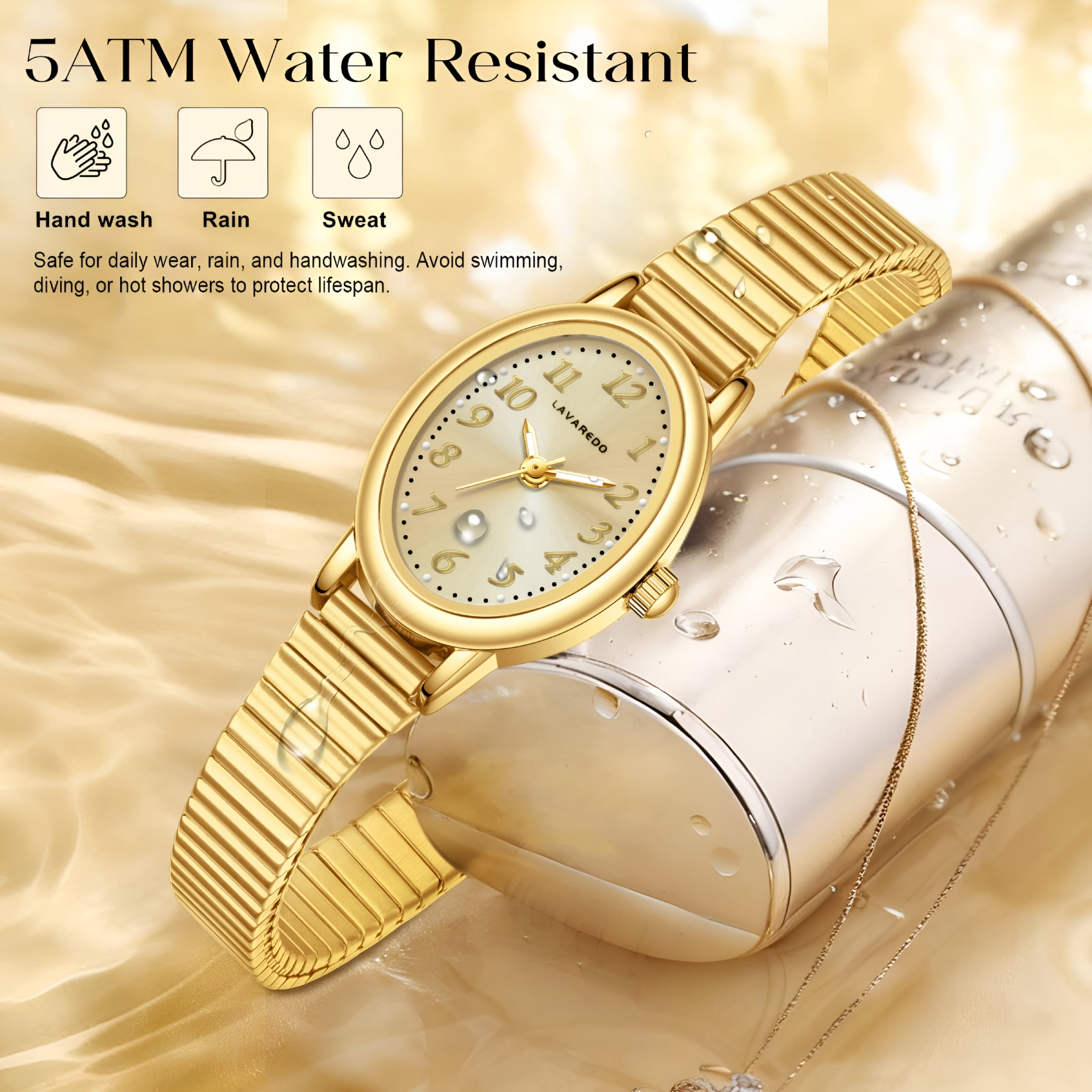 DESIGNICE Gold Watches for Women Easy Read Ladies Quartz Wrist Watch with Stainless Steel Expansion Band Waterproof Watch Gift for Woman