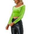 thumbnail image 4 of INSPIRE CHIC Women's Velvet Long Sleeve Off Shoulder Solid Crop Tops L Light Green, 4 of 6