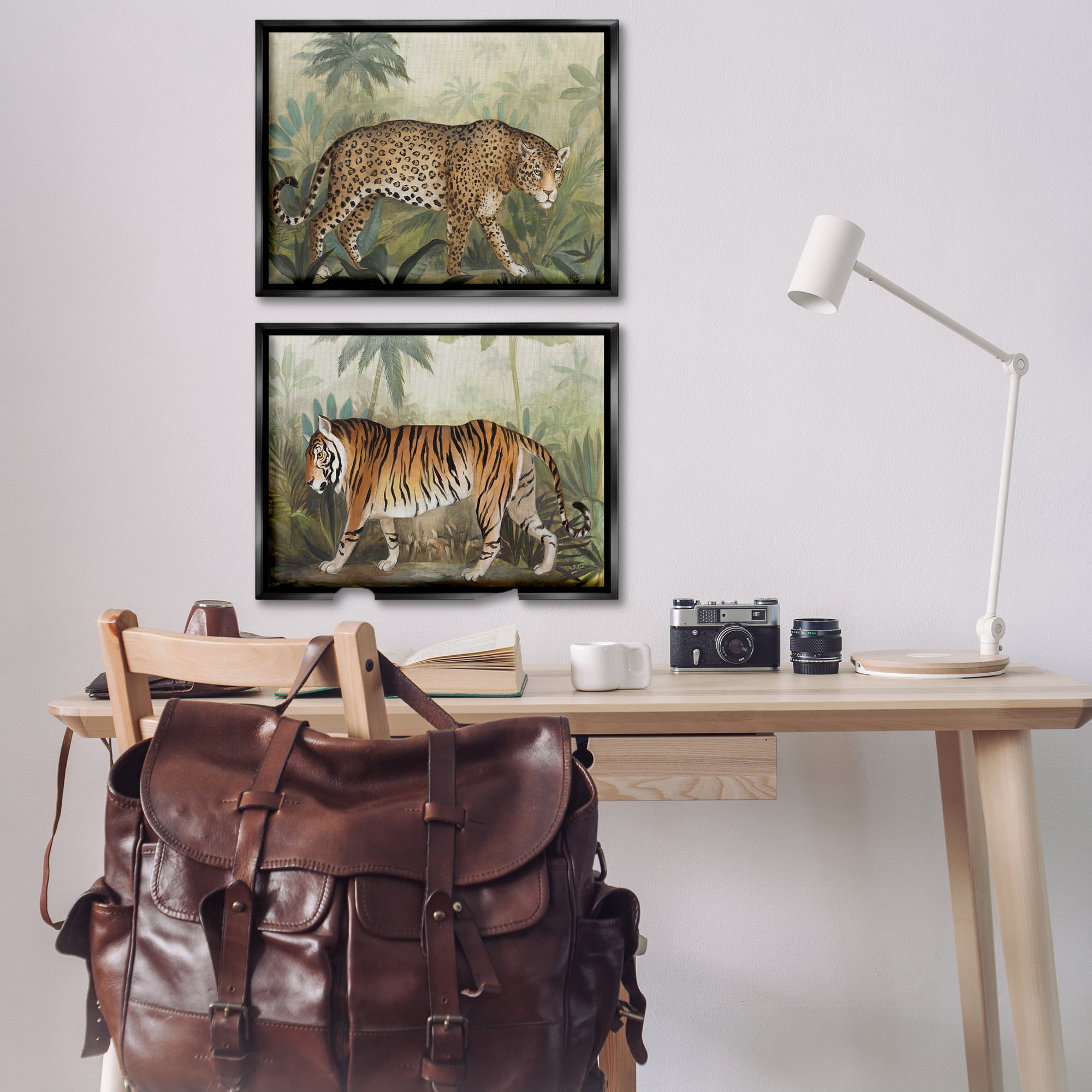 Stupell Industries Jaguar & Tiger Jungle Scene Animals Painting Black Floater Framed Canvas Art Print Wall Art, 31 x 21, Set of 2