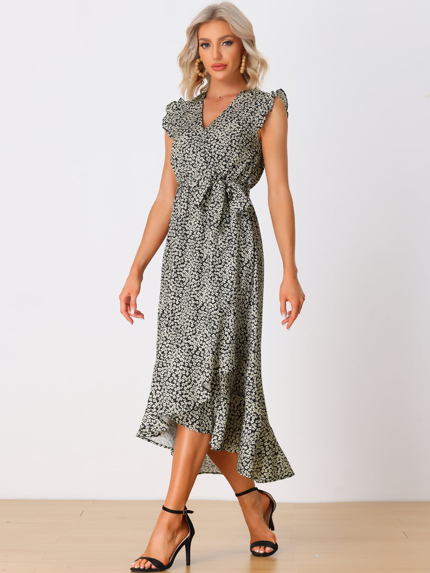 DARING DIVA Wrap Belted Ruffles Floral Midi Sundress XS Black