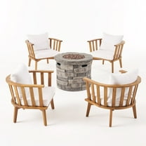 Darian Outdoor Acacia Wood 4 Seater Club Chairs and Fire Pit Set, Teak and Gray