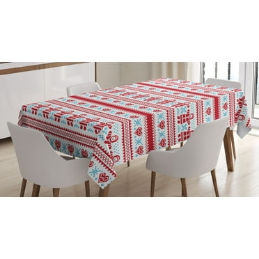 Ambesonne Nordic Tablecloth Rectangular Table Cover, Xmas Inspired Ornament, 52"x70", Red Sky Blue White