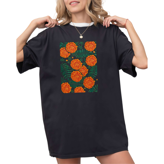 UNISHE Women's Vibrant Marigold Floral Graphic Black Short Sleeve T-Shirt S-5XL Simple Crewneck Top