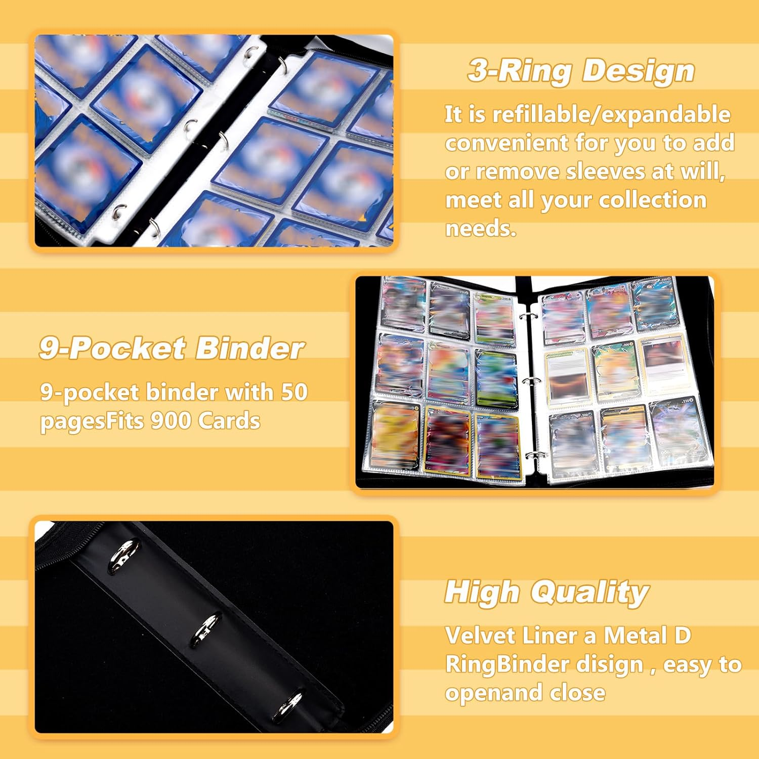 Trading Card Binder 9 Pocket,50-Page Double-Sided Storage Collection Book,Premium Card Binder 900 Pockets,3-ring Zipper Trading Card Holder is A Toys Gift for Girls and Boys(Black 9 pocket）