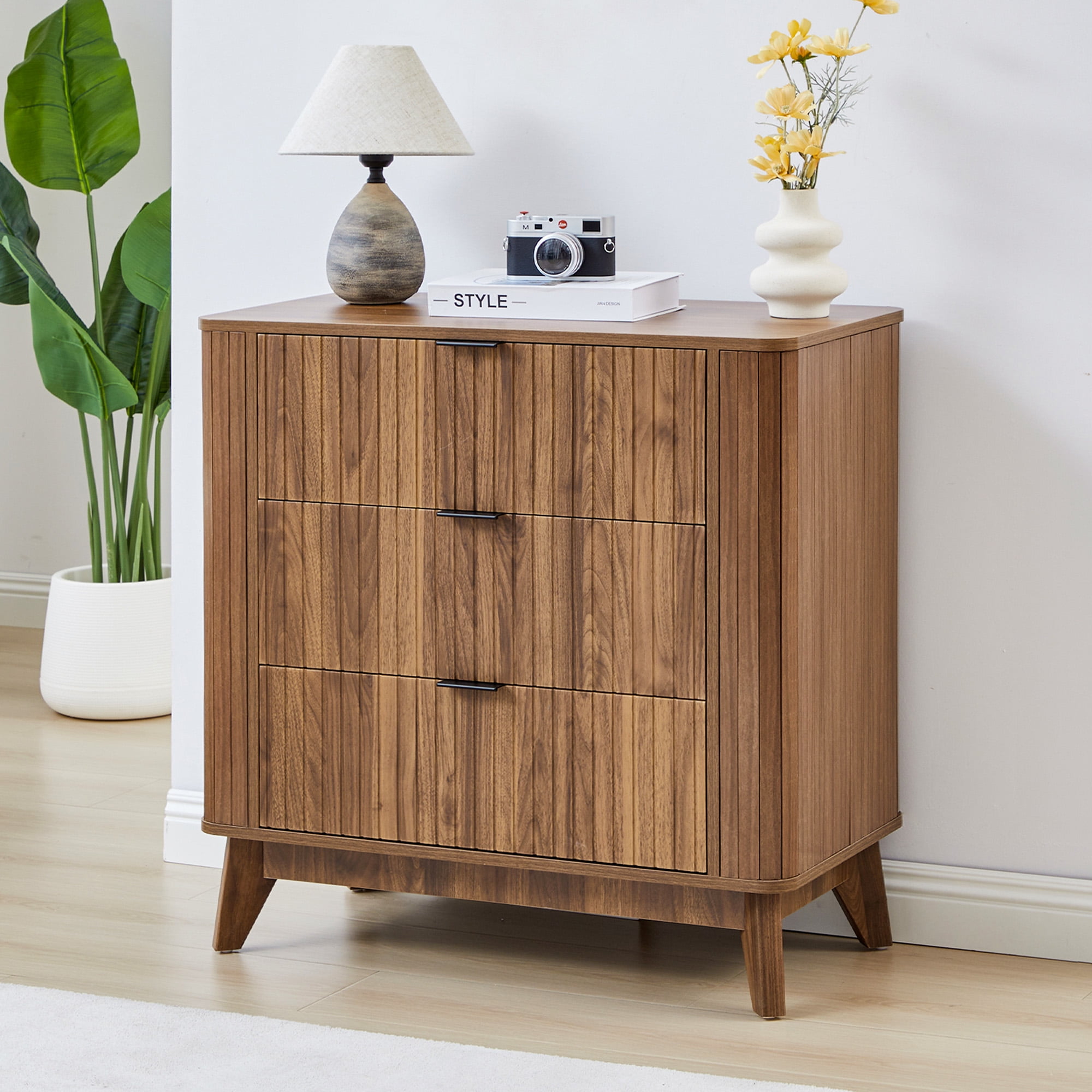 LEFHDA Mid-Century Modern Wood Dresser Set of 2 | Curved Fluted 3-Drawer Chest for Bedroom & Living Room | Walnut Storage Cabinet with Anti-Tipping Safety