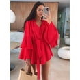 thumbnail image 4 of Women'S Layered Bell Sleeve Tie Neck Mini Dresses Ruffle Belted Tunic Dress Red L, 4 of 7