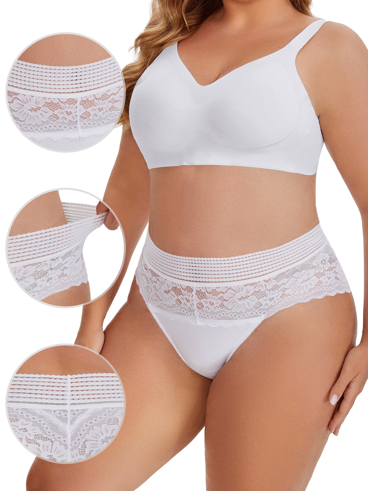 DARING DIVA Women's Lace High Cut Briefs Full Coverage High Waisted Underpants 3XL White