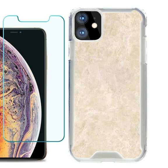 For Apple iPhone 11 Case, Hybrid Bumper Phone Case, with Tempered Glass Screen Protector, by OneToughShield ® - Marble / Latte
