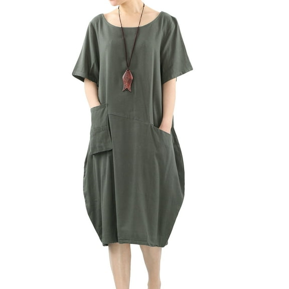 Women's Cotton Linen Dresses Short Sleeve Baggy Loose Summer Clothing w/Hi-Low Pockets Armygreen M