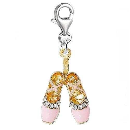 Sexy Sparkles Pink Ballerina Ballet Shoes Clip on Pendant for European Charm Jewelry with Lobster Clasp - Zinc Metal Alloy, 1 Dangle