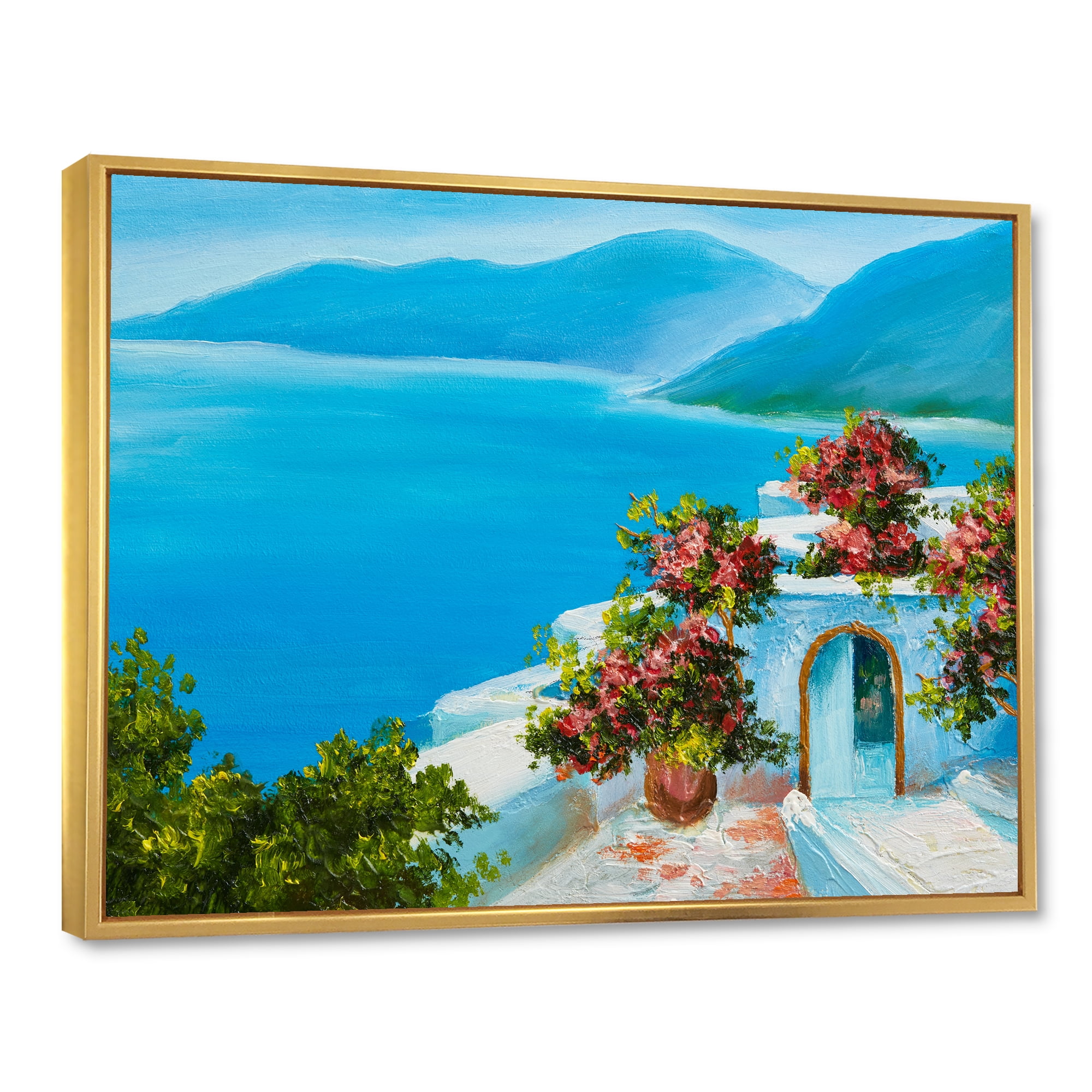 Designart 'House With Colorful Flowers Near The Sea I' Nautical & Coastal Framed Canvas Wall Art Print
