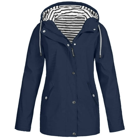 Women Solid Rain Jacket Outdoor Plus Size Waterproof Hooded Raincoat ...