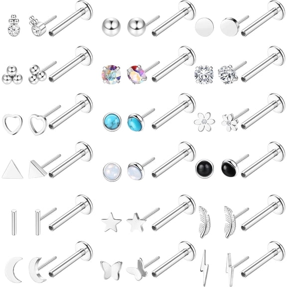 TAVENE 18Pairs 20G Surgical Steel Piercing Studs, Hypoallergenic Push-in Flat Back Jewelry for Nose Lip Cartilage Helix Tragus Conch