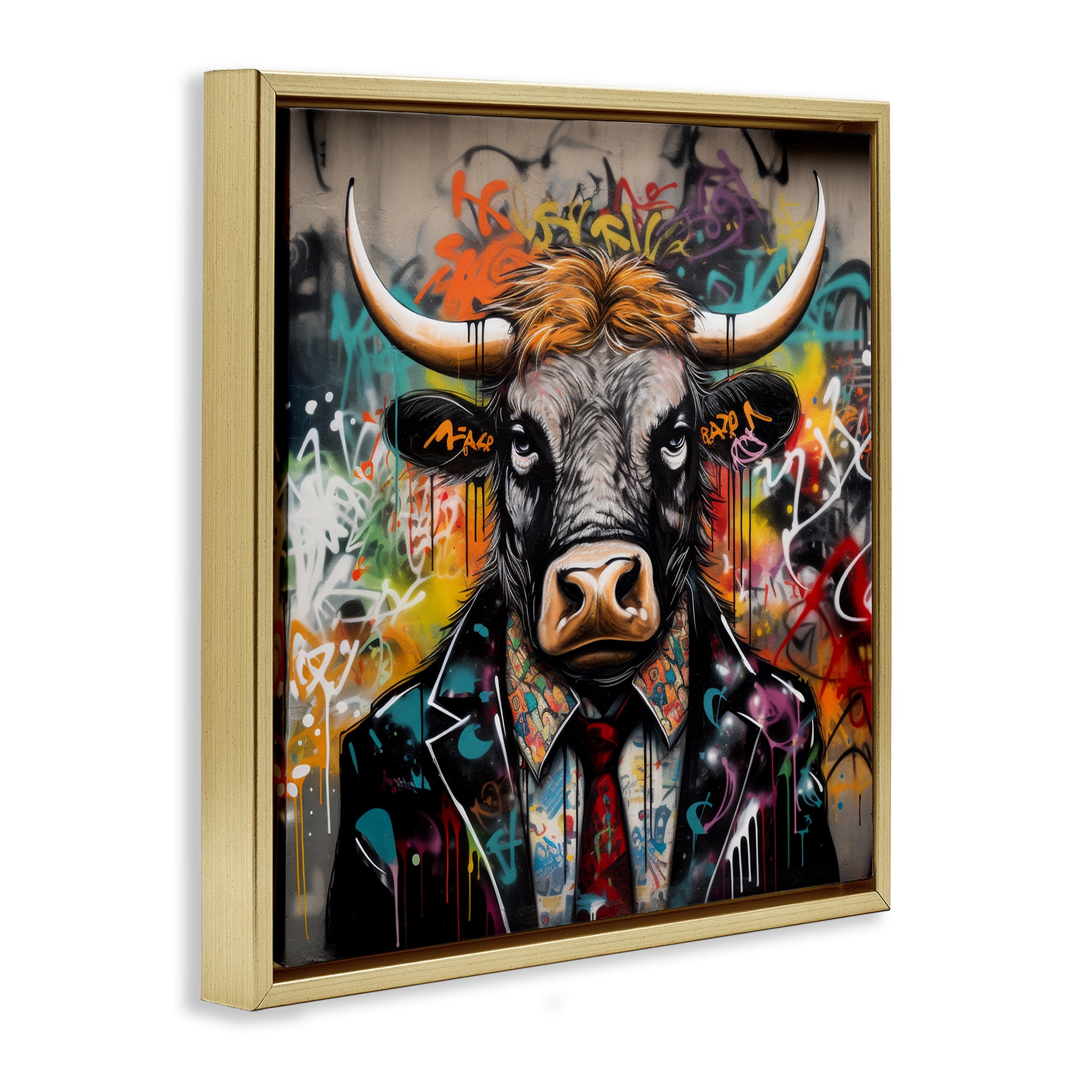 Stupell Industries Urban Graffiti Bull Animals & Insects Painting Gold Floater Framed Canvas Art Print Wall Art, 18 x 18