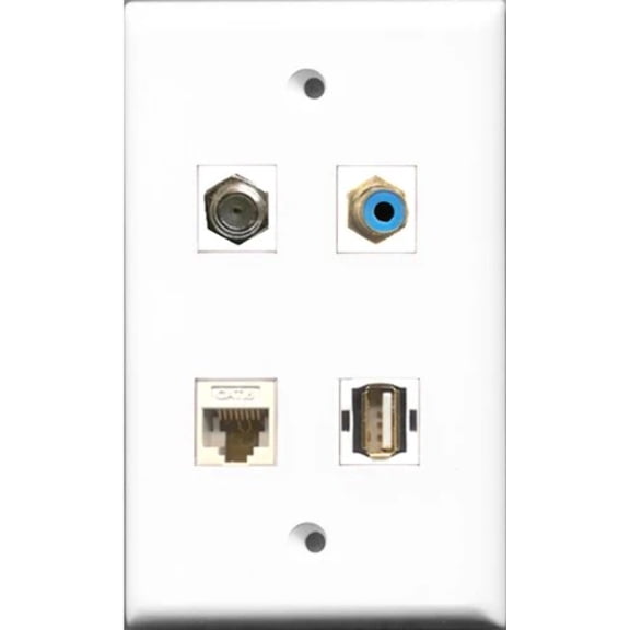 RiteAV 1 Port RCA Blue and 1 Port Coax Cable TV- F-Type and 1 Port USB A-A and 1 Port Cat6 Ethernet White Wall Plate