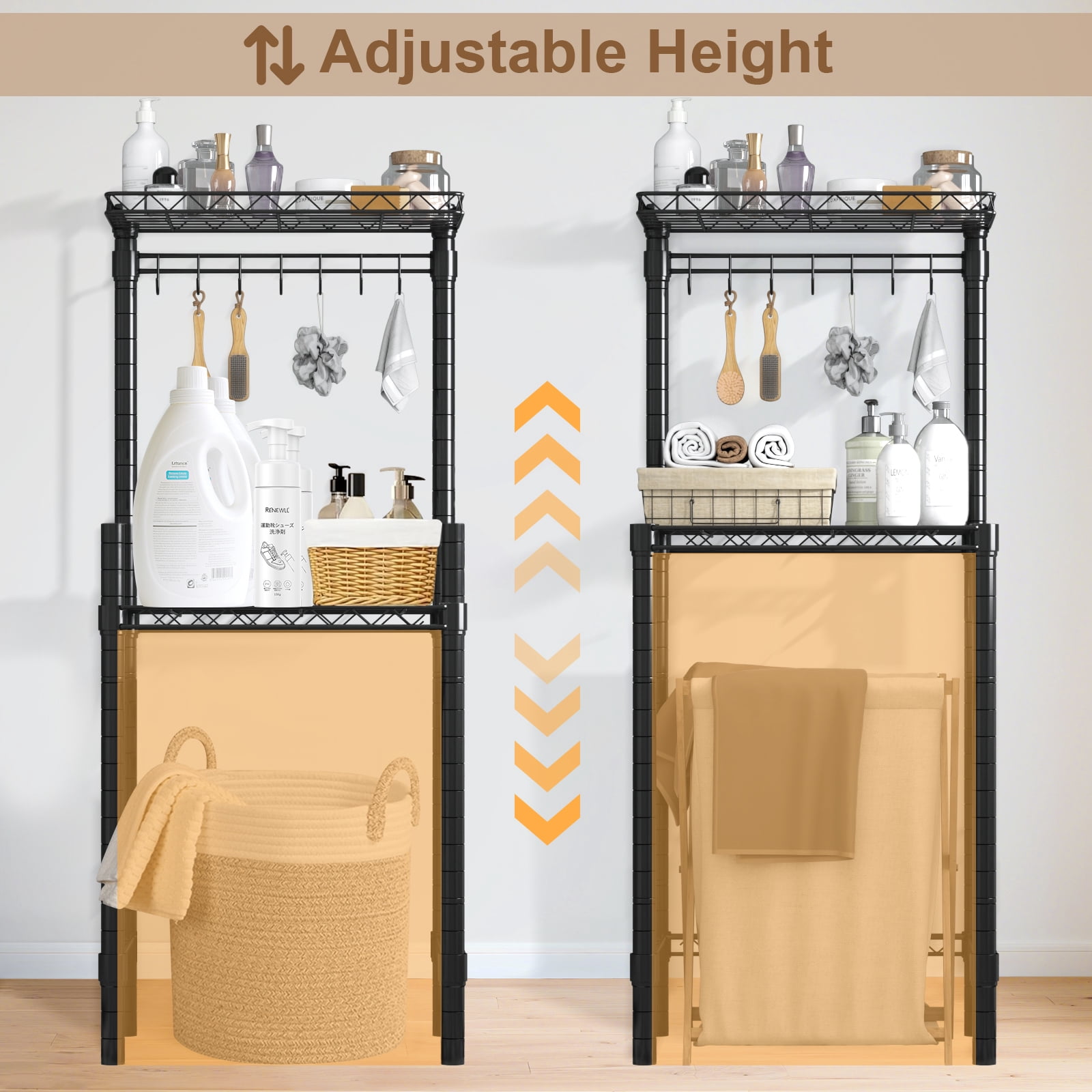 2-Tier Mini Fridge Storage Shelf Mini Fridge & Microwave Stand, Adjustable Metal Organizer Storage Rack with 7Hooks, Multifunctional Bakers Rack Coffee Bar Table for Kitchen Office Dorms Bedroom