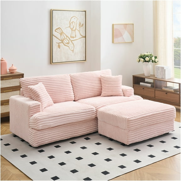 JERFIT Pink Corduroy Sofa with Storage, 3-Seater Loveseat Couch for Living Room, Modern Cloud-Like Comfort with 4 Pillows