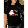 thumbnail image 1 of [Holiday Apparel] Festive Women's Christmas Santa & Gifts Graphic T-Shirt - Casual Black Crew Neck Short Sleeve Top, 100% Polyester, Machine Washable, 1 of 6