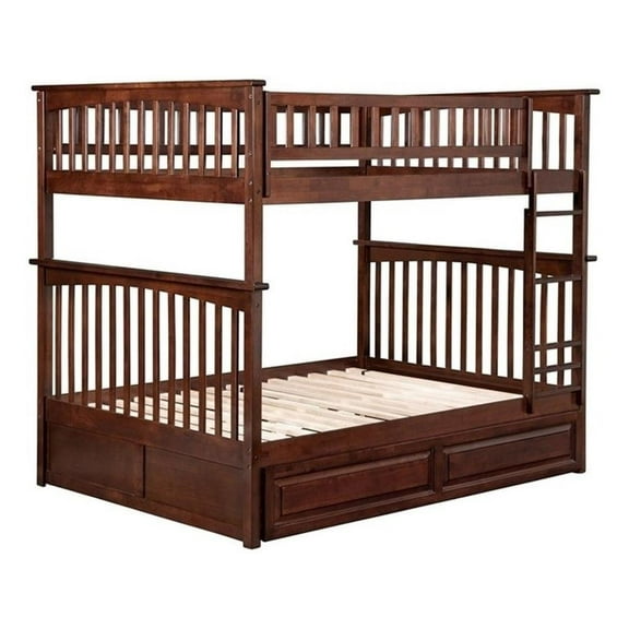 Leo & Lacey Mid-Century Wood Full Over Full Trundle Bunk Bed in Walnut